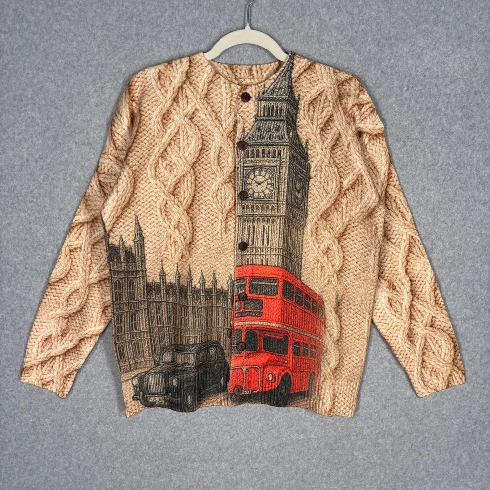 London Cardigan Sweater Large Tan Big Ben Red Bus Cable Knit Westminster Print - Picture 1 of 9